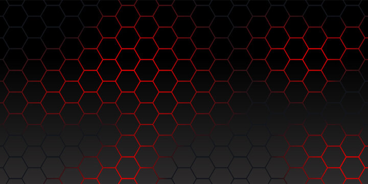 Futuristic dark black carbon background with glowing red neon hexagon pattern. Modern 3D geometric honeycomb grid texture for technology web banner vector.