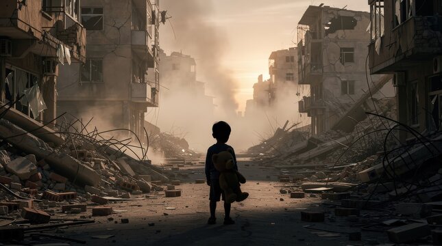 A child holding a teddy bear stands amidst the ruins of a war-torn city street filled with debris and destroyed buildings under a smoky sky.