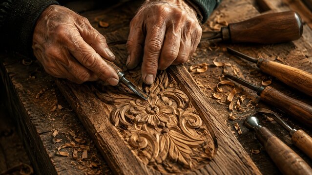 Woodcarver using chisel to create floral pattern on wooden board. Skilled craftsman shaping wood block in workshop. Traditional art hobby,手工 craft and manual labor concept.