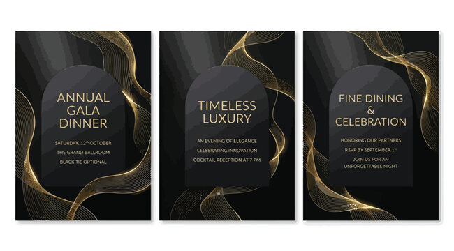 Set of luxury event invitation templates with golden abstract waves