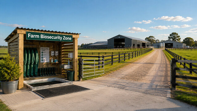 Farm biosecurity zone established at a rural location with a pathway leading to the barns, showing proactive measures for animal health and safety