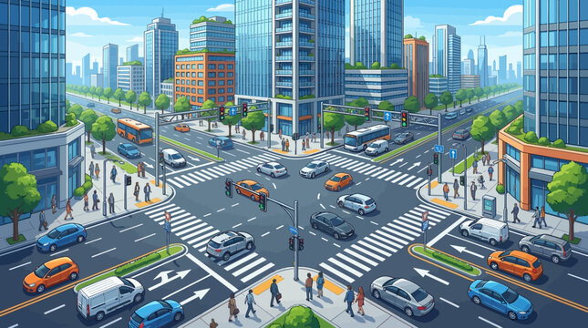 Busy city intersection with cars, pedestrians and skyscrapers under blue sky