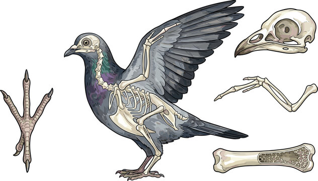 Detailed vector anatomy illustration set of pigeon bird skeleton system featuring wing bones, skull structure, foot claws, and marrow cross section isolated on white background.