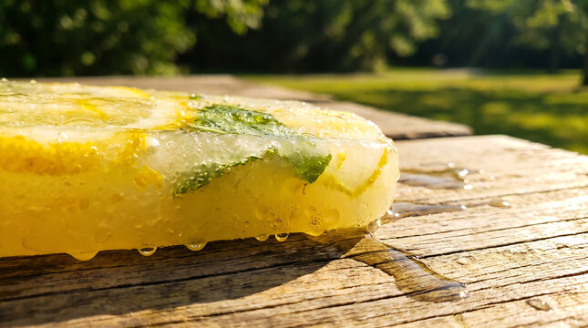 Refreshing frozen lemonade with mint leaves on rustic wooden table outdoors in summer sunshine.