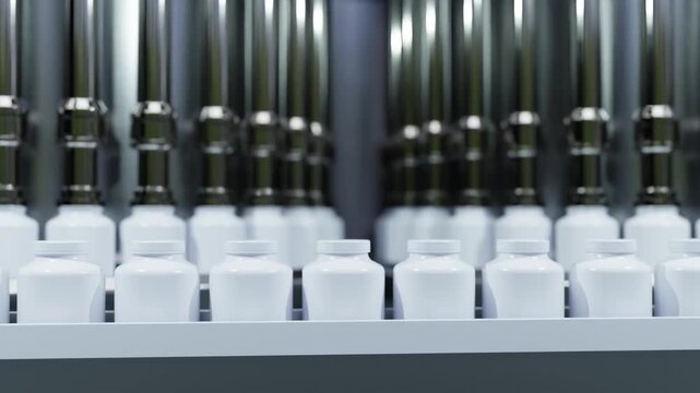 Automated pharmaceutical production line with white plastic bottles on conveyor belt in modern manufacturing factory- 3D rendering