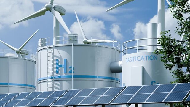 Modern renewable green energy facility with hydrogen gasification storage tanks wind turbines and solar panels for sustainable power- 3D rendering