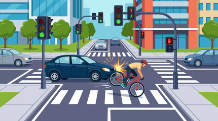 Naklejka premium Car crashes into cyclist at city intersection, traffic accident illustration