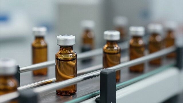 Close-up of amber medicine bottles traveling along a manufacturing line in a pharmaceutical facility.