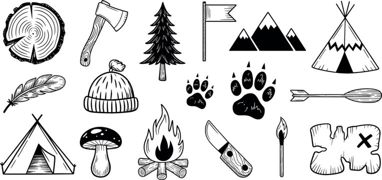 Adventure camping vector illustration set with mountain tent teepee campfire axe log and wilderness outdoor exploration icons bundle