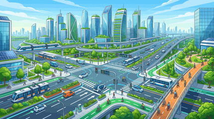 Fototapeta premium Futuristic eco city with sustainable transport, greenery, modern skyscrapers, and clean energy.
