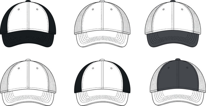 Trucker baseball cap mock up vector template set with mesh back panel isolated on white background