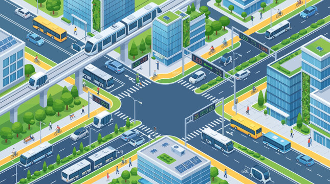 Futuristic green city intersection with smart transport, eco-friendly buildings, and urban planning.