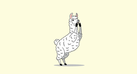 Obraz premium Fluffy white llama standing on its hind legs and looking around with a curious expression for funny animal character design.