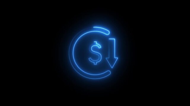 Abstract Neon Glowing Dollar Rate Decrease Icon on Black Background, Financial Downtrend, Currency Exchange Decline, 4K Loop Motion Graphics