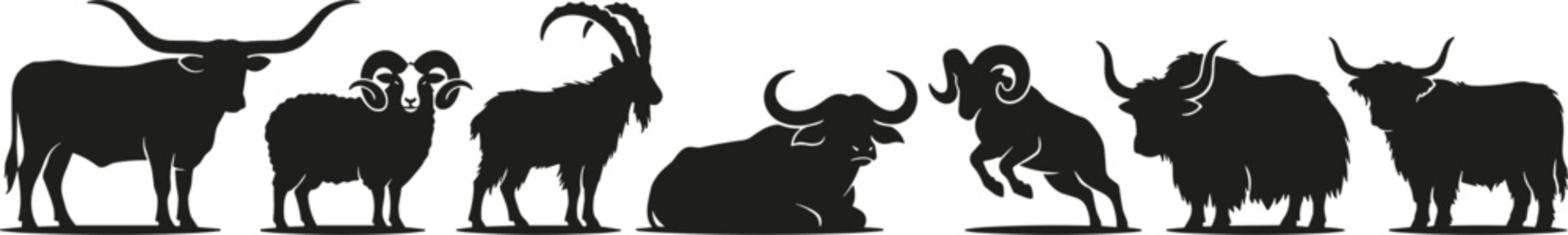Horned Cattle and Wild Caprid Silhouette Icon Set Featuring Longhorn, Buffalo, Yak, Ibex, Ram, and Highland Cow Nature Designs