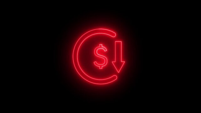 Abstract Neon Glowing Dollar Rate Decrease Icon on Black Background, Financial Downtrend, Currency Exchange Decline, 4K Loop Motion Graphics