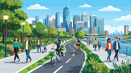 Obraz premium Urban park life with cyclists, walkers, and cityscape on a sunny day
