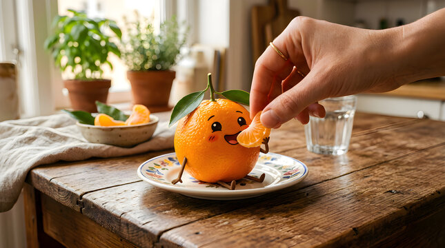 Whimsical scene of a cute anthropomorphic orange character being fed a fruit segment by a human hand on a rustic wooden table