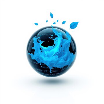 Globe depicts water, digital code, leaves. Symbolizes technology, nature, global connectivity. Bright blue hues dominate image.