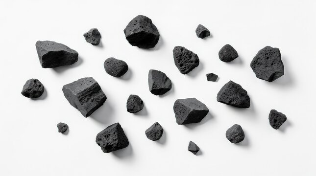 Black volcanic rocks of various sizes scattered on a white surface with distinct rough textures and irregular shapes.