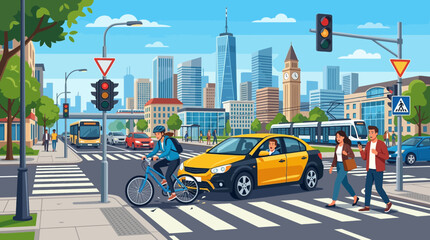 Naklejka premium Urban Traffic Intersection with Pedestrians, Cyclist, Cars, and Public Transport