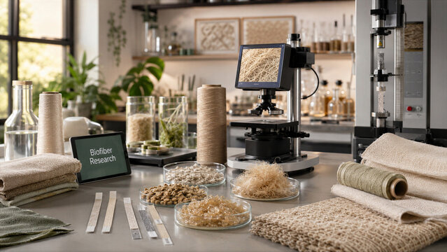 Research is taking place on biofiber materials in a modern laboratory with various samples and equipment arranged on a table