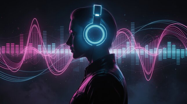 A futuristic silhouette of a person wearing glowing headphones with vibrant sound waves and digital equalizer visuals in the background.