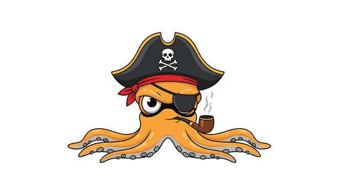 Grumpy orange octopus dressed as a pirate with an eye patch, captain's hat, and smoking a pipe on a white background.