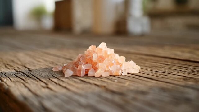 static display of himalayan salt crystals on a rustic wooden table with a neutral natural setting and top-down perspective in an indoor environment with brown and pink tones.