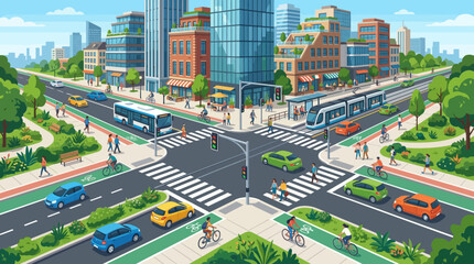 Naklejka premium Vibrant City Intersection: Sustainable Urban Transport, Cars, Bus, Tram, Cyclists