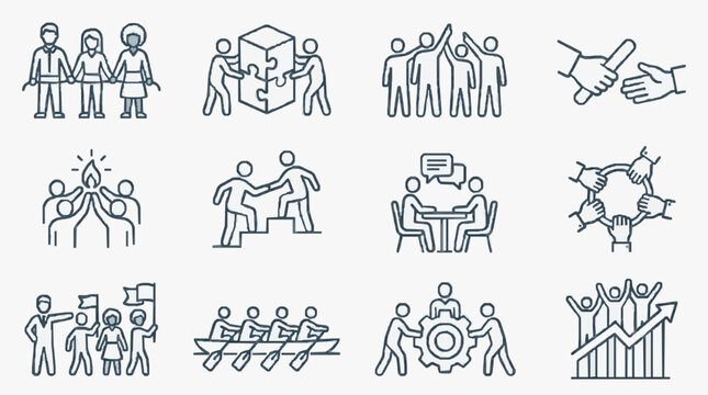 Elegant Monochrome Line Art Illustrations of Teamwork Collaboration and Business Concepts for SEO Content