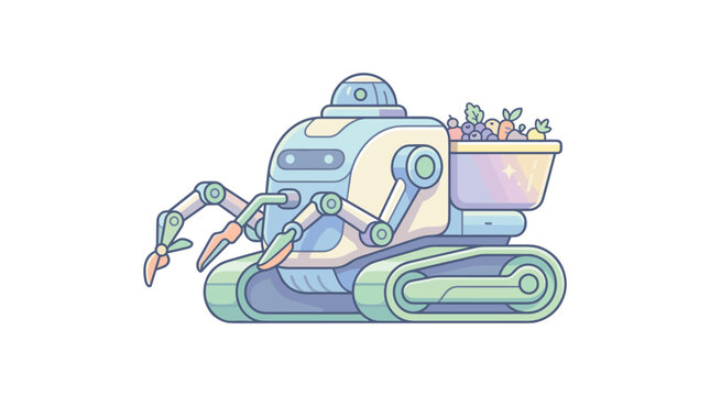 A friendly robot harvester with mechanical arms and tank tracks carrying a basket of fresh vegetables and fruits. A colorful, flat vector illustration for modern agritech design.