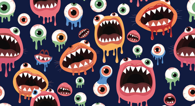 Creepy seamless pattern of colorful monster mouths with sharp teeth and dripping saliva alongside floating human eyeballs.