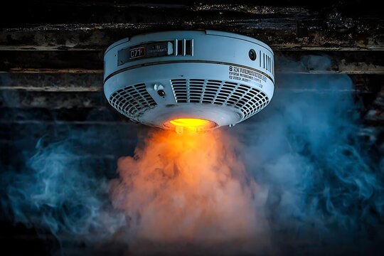 Modern smoke detector emitting alarm signal with orange indicator light in ceiling safety system