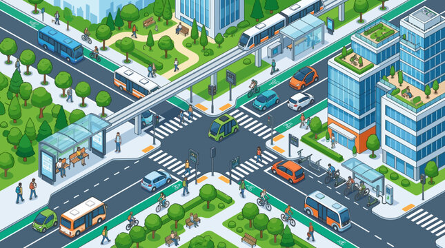 Isometric smart city with public transport, cars, bikes, and pedestrians