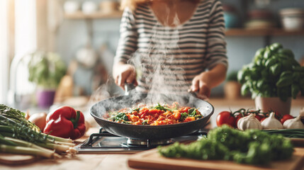 Naklejka premium Culinary Creation: A woman in a striped shirt cooks a vibrant stir-fry in a pan on a gas stove, surrounded by fresh vegetables and herbs, creating a delicious meal in a sunlit kitchen.