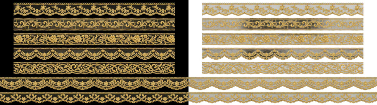 Gold luxury lace ribbon borders with detailed foliage motifs on png background
