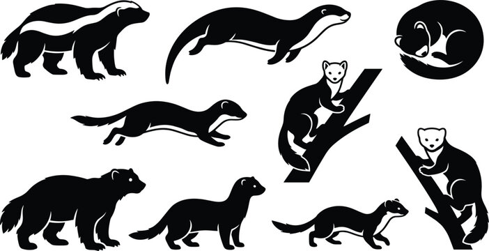 Mustelid and Badger Silhouette Icon Set Featuring Honey Badger, Wolverine, Otter, Ferret, Weasel, and Marten for Wild Nature Designs