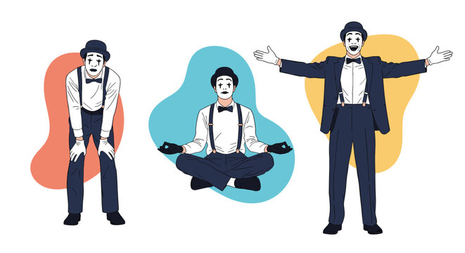 Three mime performers in classic black and white costumes showing different expressions and poses on colorful backgrounds.