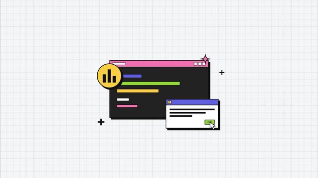 Retro Computer Coding and Analytics Data Dashboard Interface Minimalist 8-Bit Pixel Art Animation Aesthetic Software Development UX Design and User Interaction Concept
