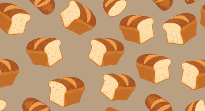 Delicious seamless pattern of crusty whole loaves of bread and slices scattered over a warm tan colored background.