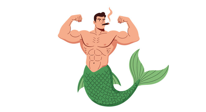 Powerful merman character with a muscular human torso and a green fish tail posing while smoking a small cigar.