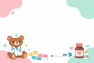 Fototapeta premium Cute teddy bear doctor character with medical supplies and bandages