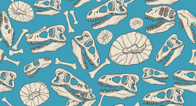 Detailed seamless pattern of various dinosaur skulls skeletons and fossilized bones on a bright blue background.