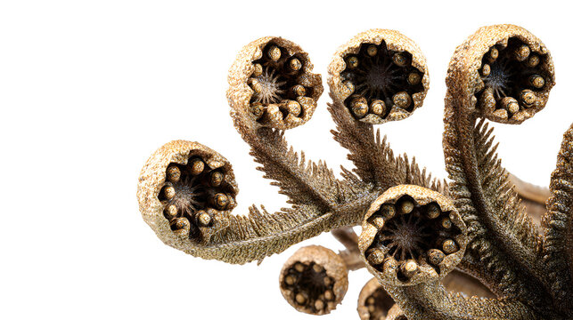 Close up of a cluster of fern sorus on a biophilic sculpture with a white background