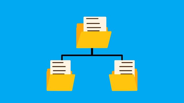 Yellow folder tree structure. Organized file system. Document management system concept. Simple flat design. Digital folder organization.