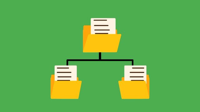 Yellow folder tree structure. Organized file system. Document management system concept. Simple flat design. Digital folder organization.
