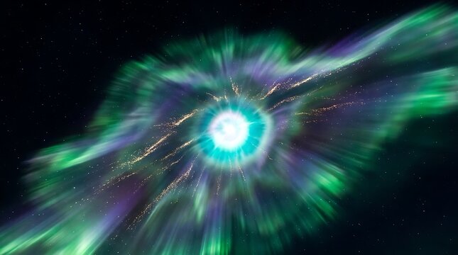 Vibrant cosmic explosion featuring a bright glowing center with swirling green and purple ethereal light waves expanding outward into the deep black vastness of outer space