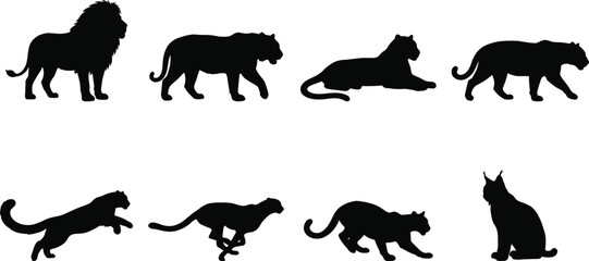 Black Silhouette Vector Set of Lions Tigers Panthers Leopards and Cheetahs © Hello World
