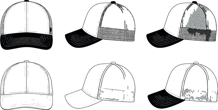 Trucker baseball cap mock up vector template set with mesh back panel isolated on white background